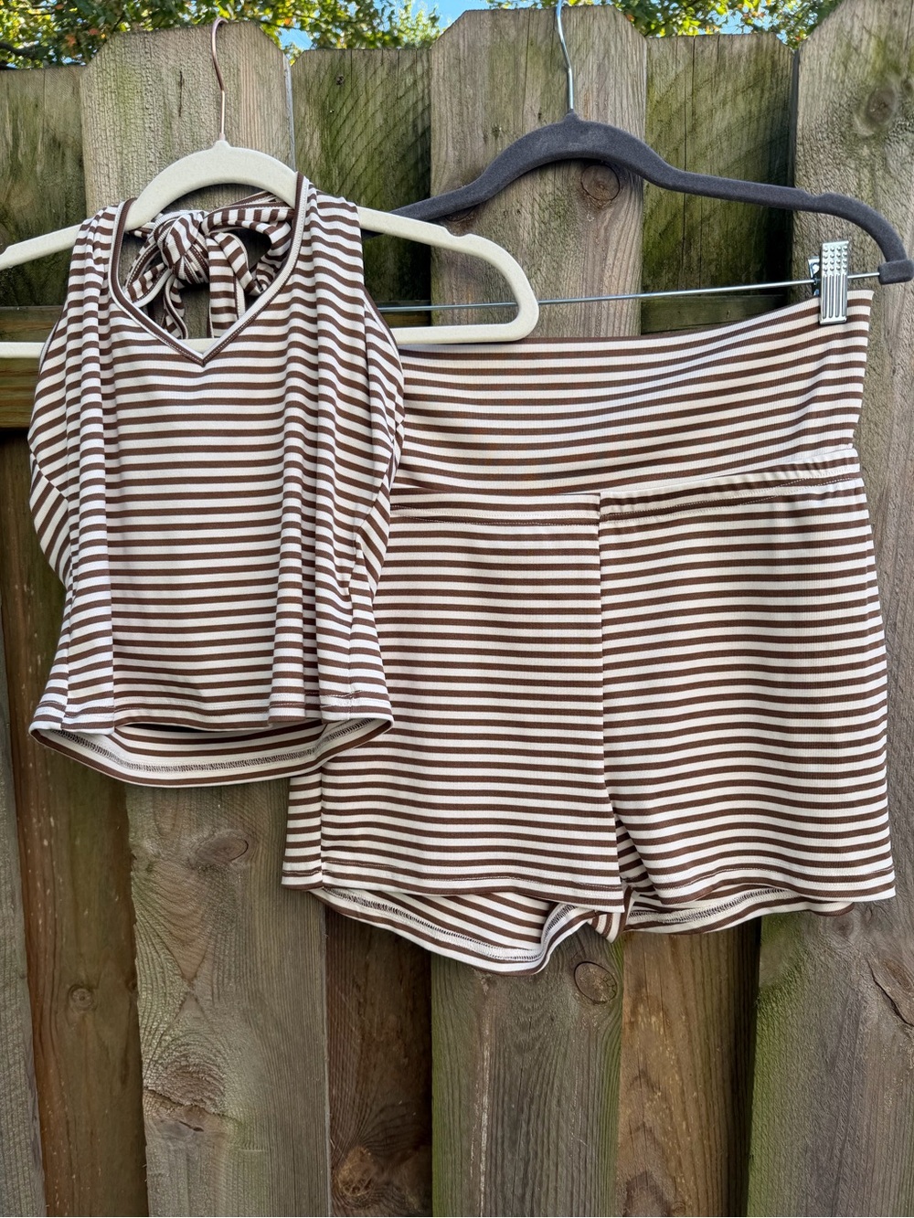 Brown and White Striped Two Piece Set Halter Neck Tank Top and Shorts Size:L
